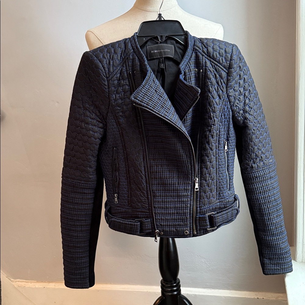 BCBGMaxAzria Black/Royal Blue Quilted Bomber Jacket